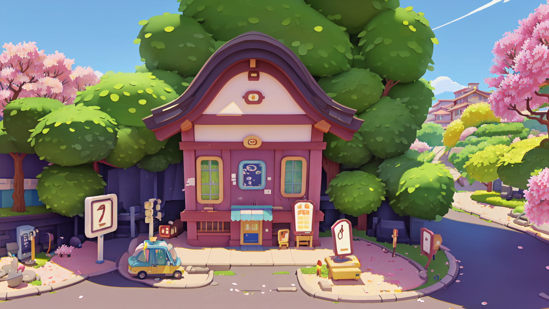 AI generated wallpaper featuring house, trees, cars, signs, cherry blossoms