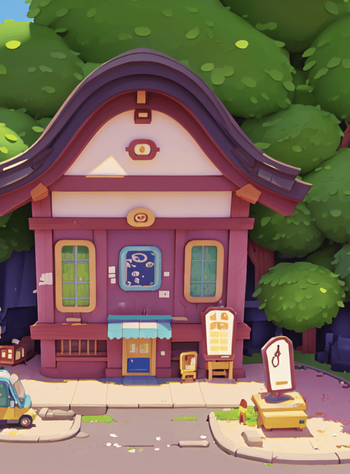 house, trees, cars, signs, cherry blossoms