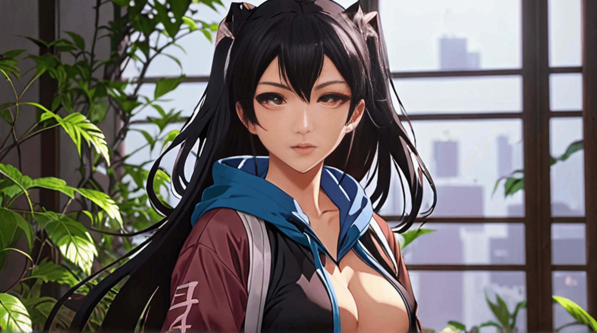 AI generated wallpaper featuring anime girl, cat ears, hoodie
