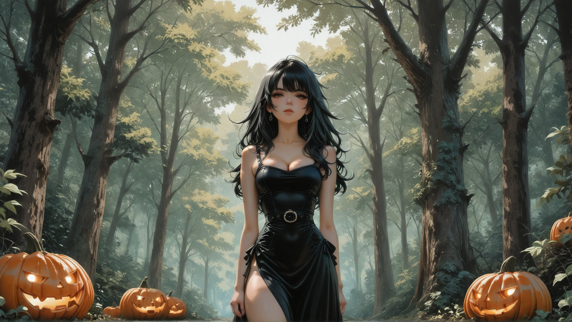 AI generated wallpaper featuring woman, pumpkin, forest, tree, dress, halloween