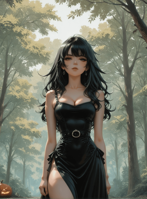 woman, pumpkin, forest, tree, dress, halloween