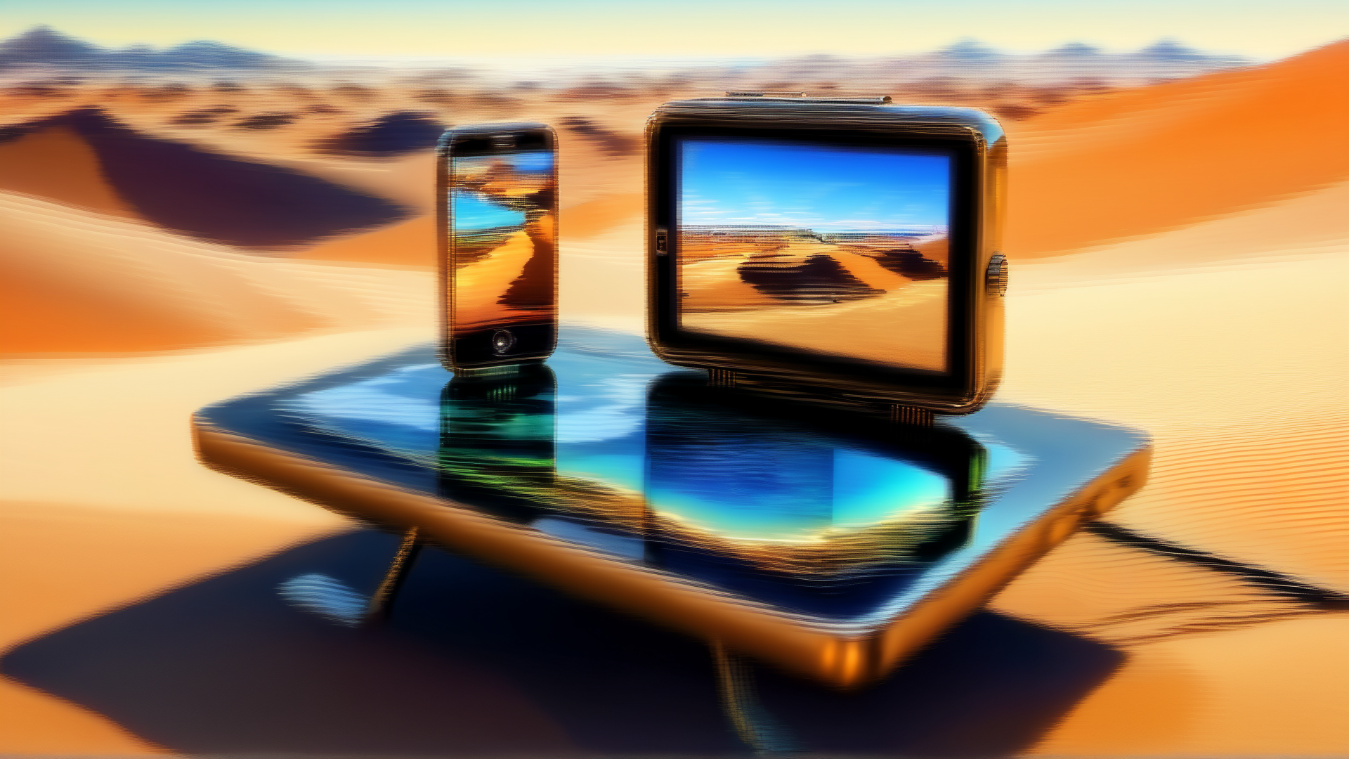 AI generated wallpaper featuring phone, tablet, desert