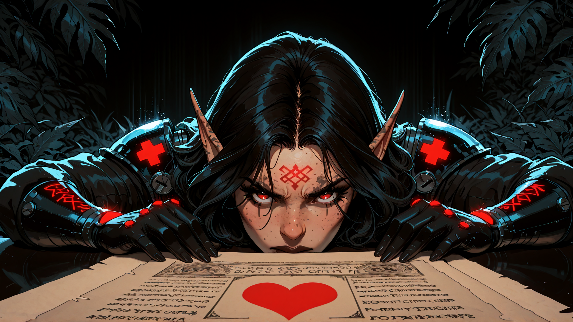 AI generated wallpaper featuring elf, mechanical arms, document, red heart, cross symbol