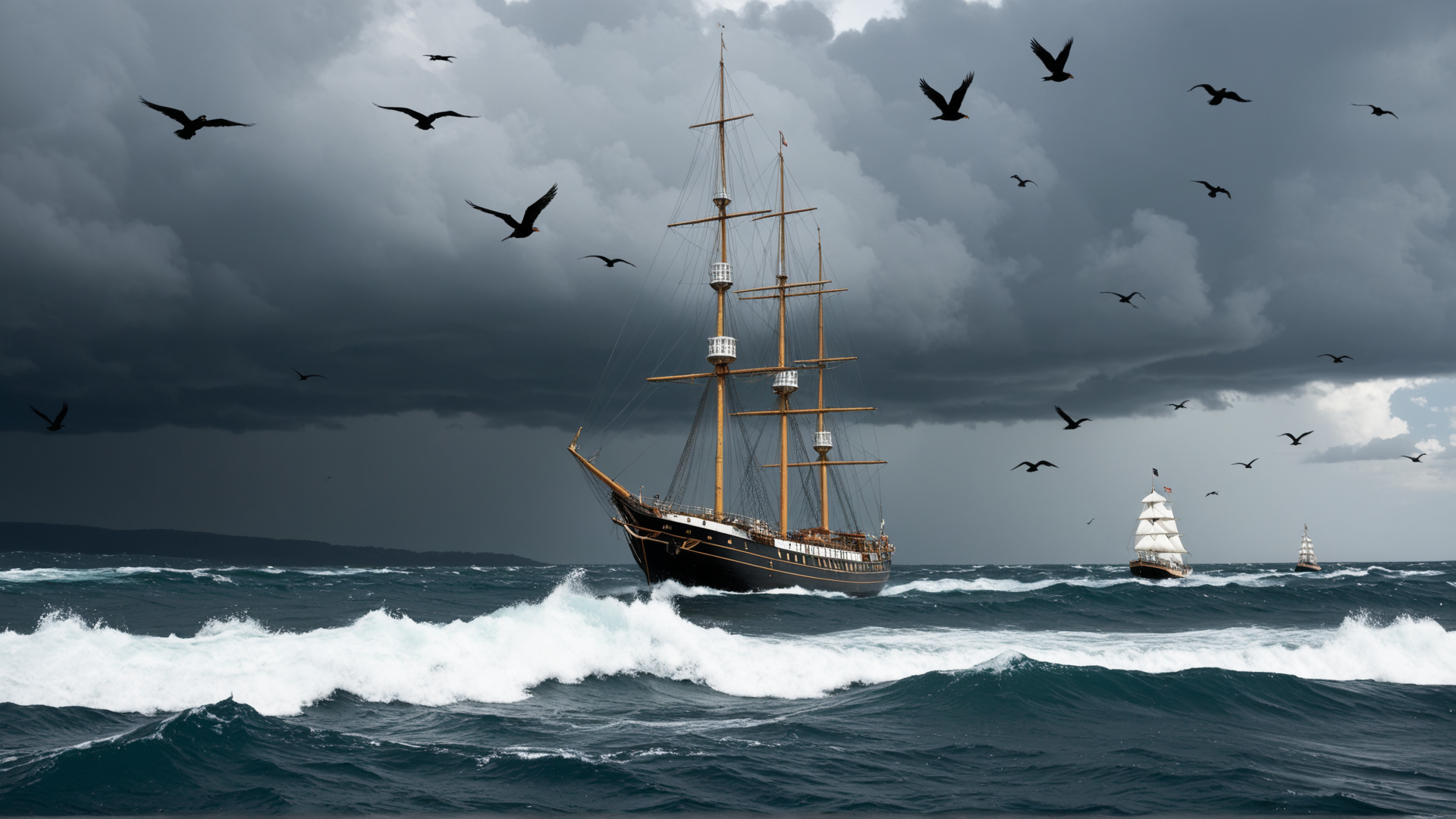 AI generated wallpaper featuring ship, seagulls, ocean