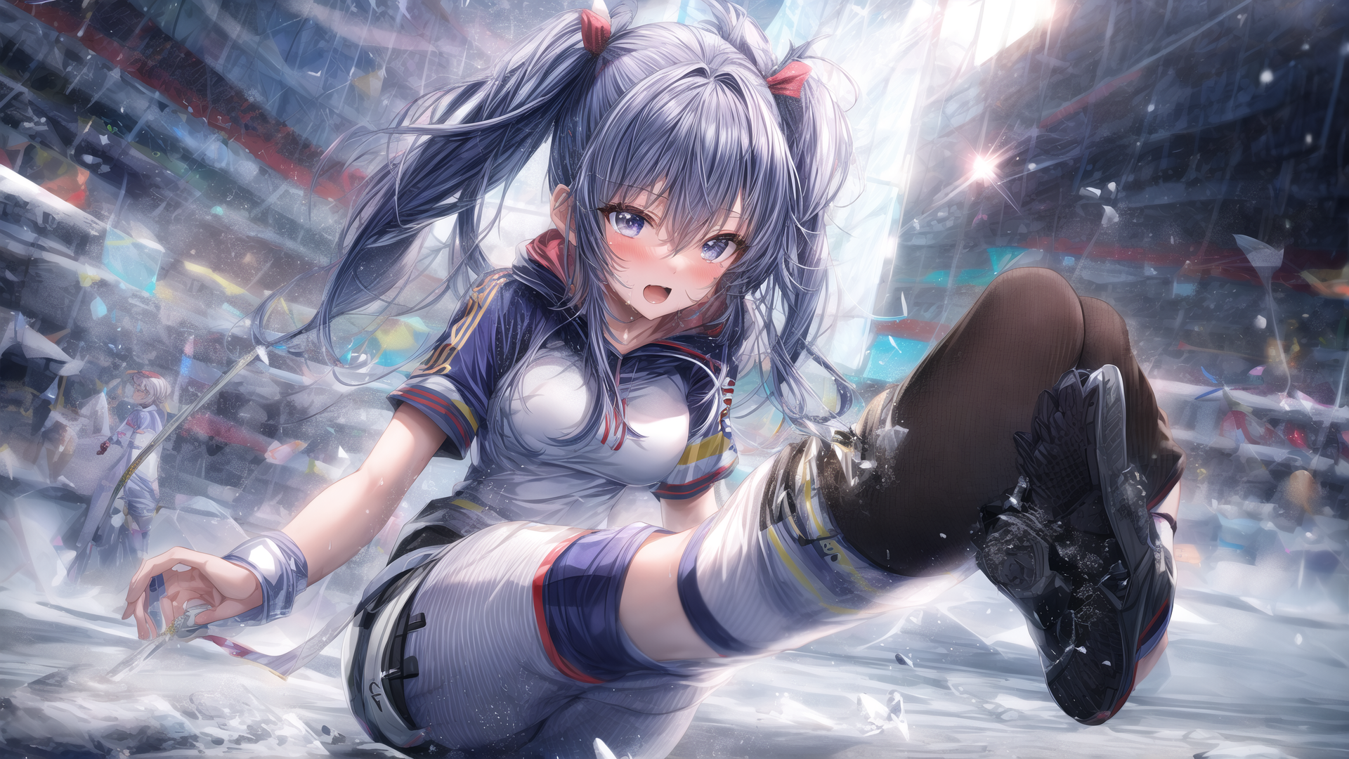 AI generated wallpaper featuring anime girl, sports outfit, manga character, double ponytail, sports arena, ice, shattered glass, sneakers