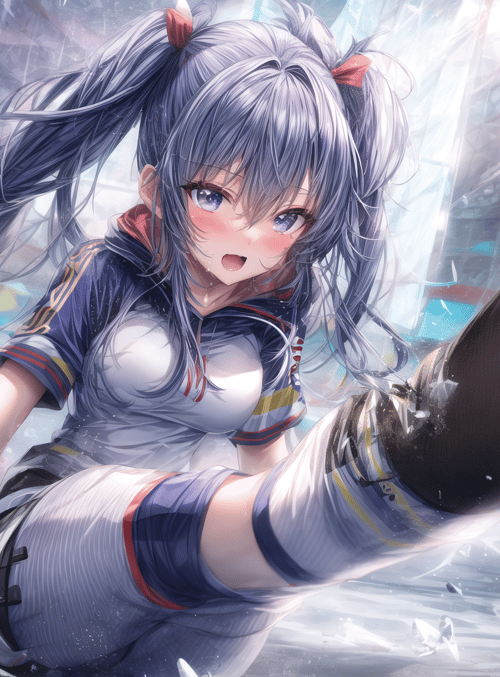 anime girl, sports outfit, manga character, double ponytail, sports arena, ice, shattered glass, sneakers