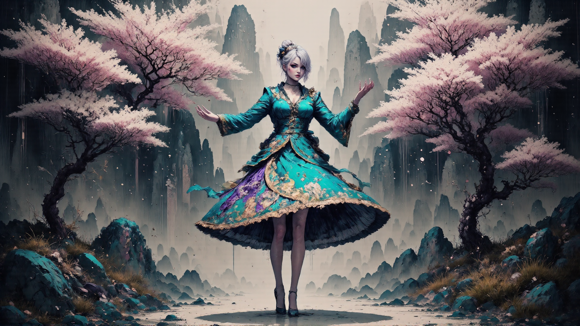 AI generated wallpaper featuring woman, cherry trees, mountains