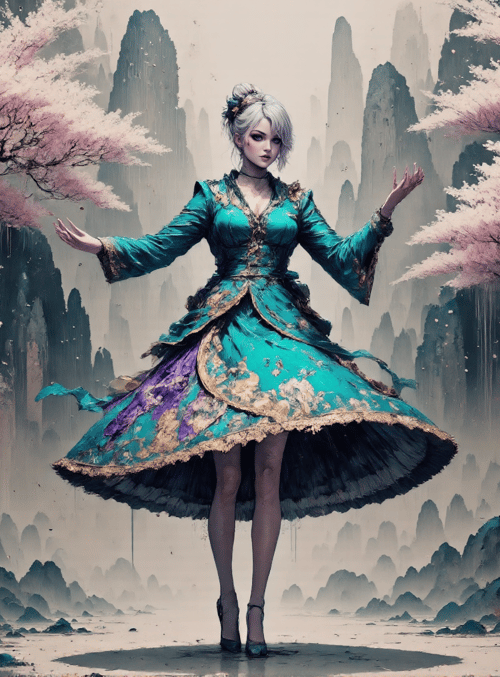 woman, cherry trees, mountains