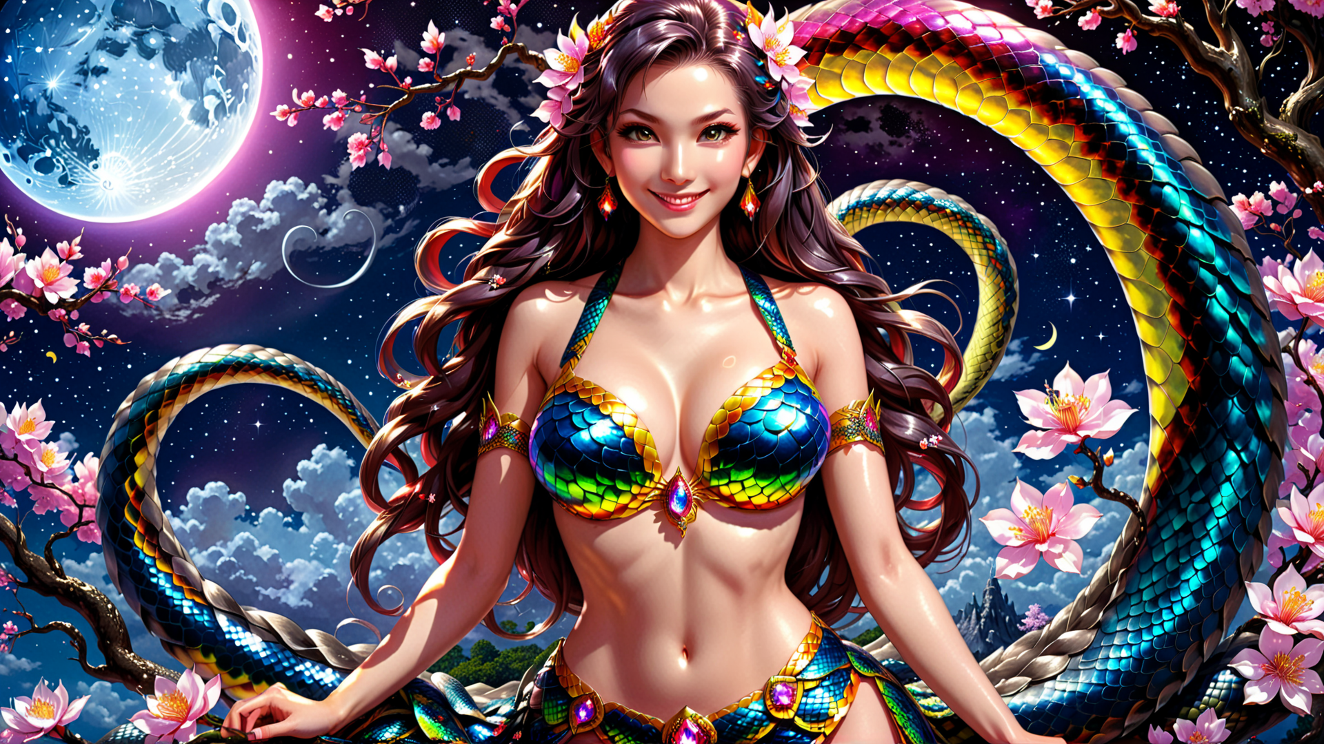 AI generated wallpaper featuring woman, dragon, cherry blossom, moon, stars