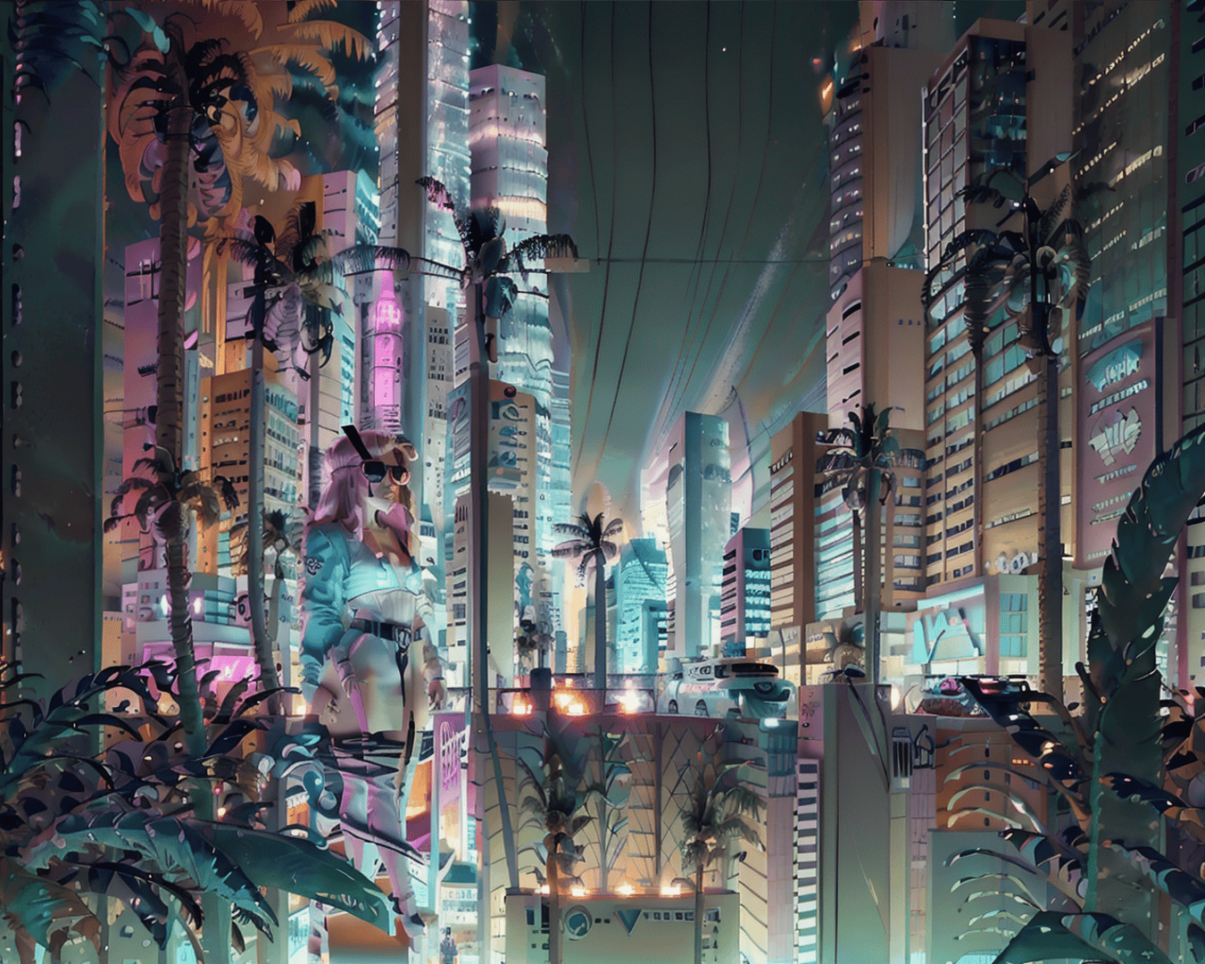 AI generated wallpaper featuring woman, cityscape, palm trees
