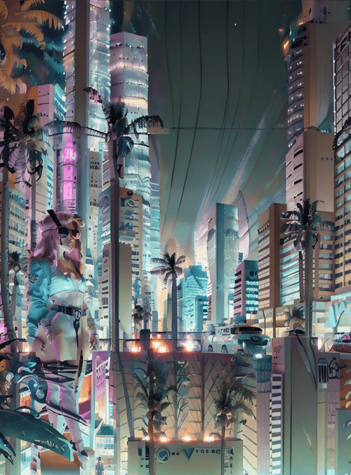 woman, cityscape, palm trees