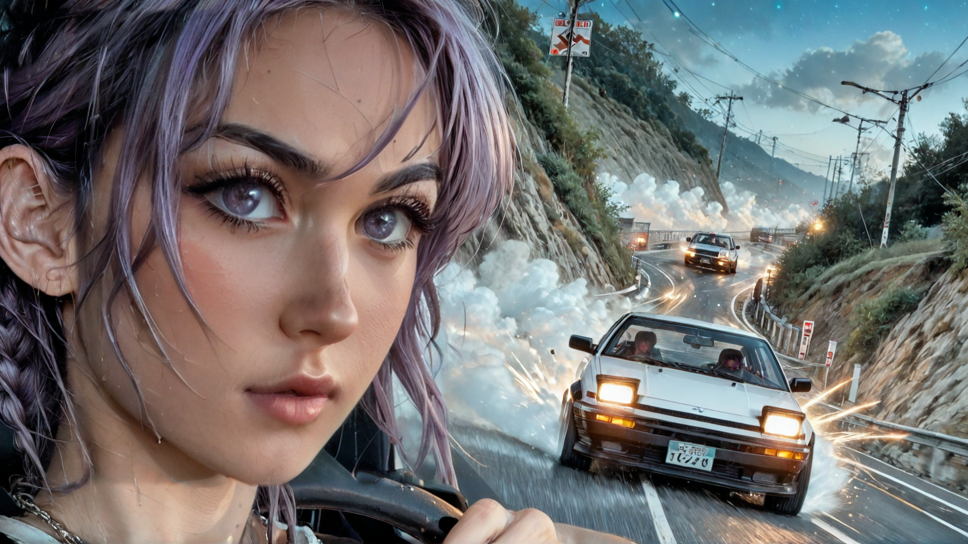 AI generated wallpaper featuring car, road, driver, sunset, mountain, traffic, tire, spark, license plate, sign