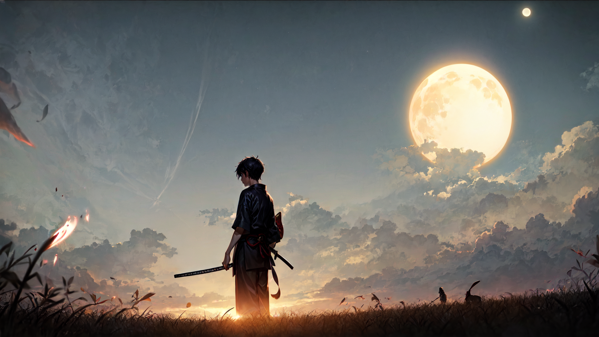 AI generated wallpaper featuring samurai, moon, field