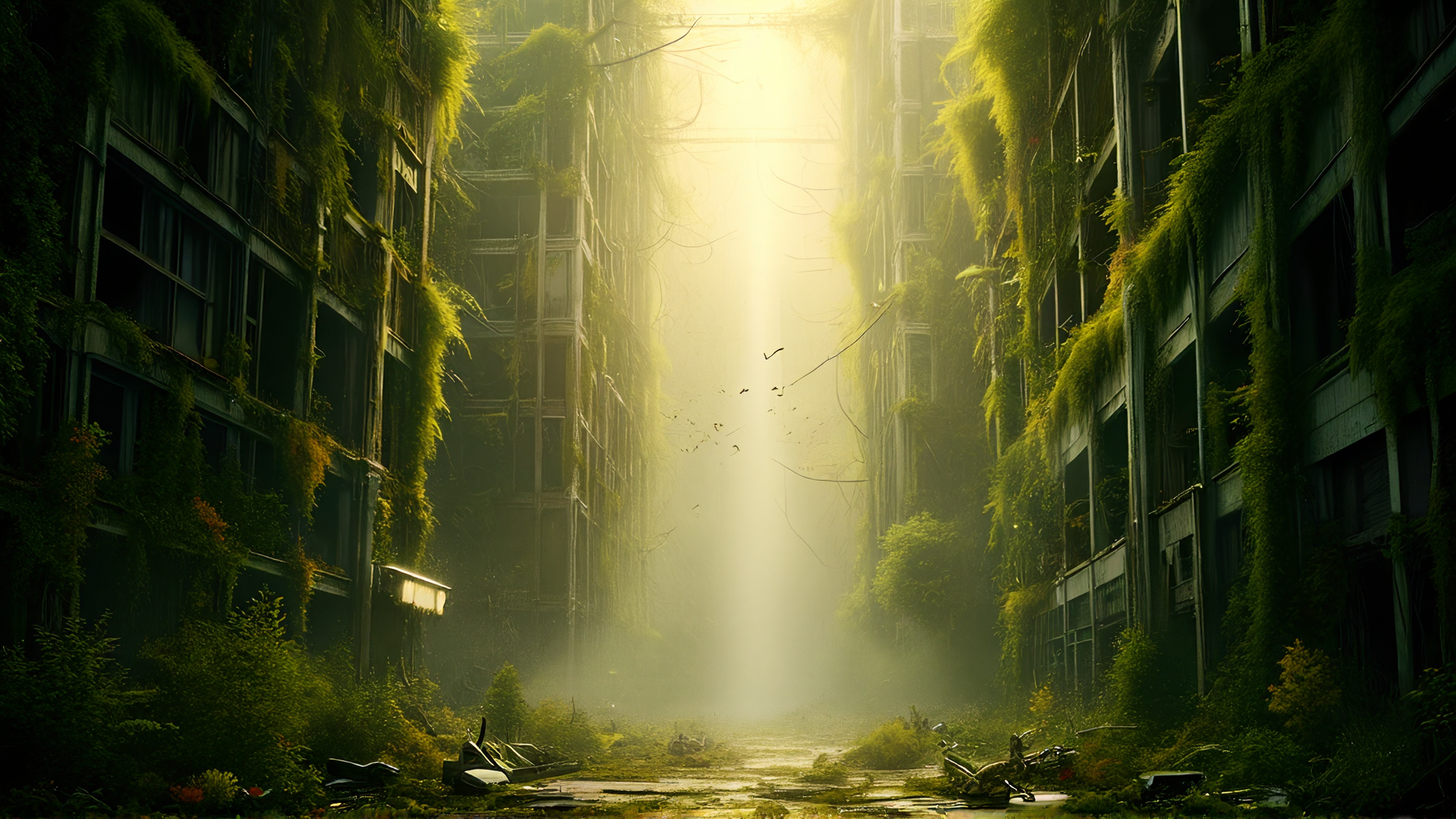 AI generated wallpaper featuring abandoned buildings, overgrown vegetation, sunlight