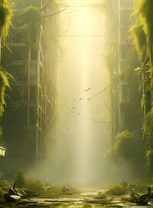 abandoned buildings, overgrown vegetation, sunlight