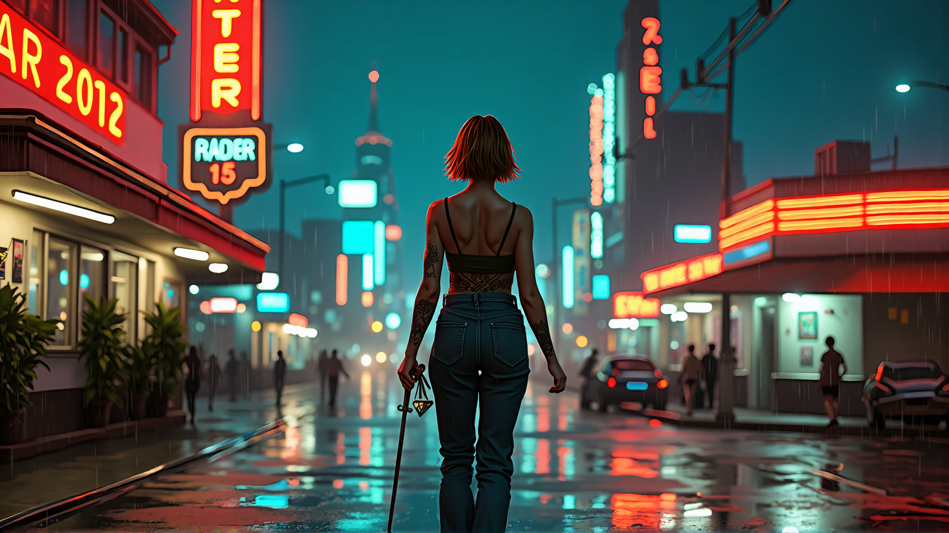AI generated wallpaper featuring woman, neon, street, rain, city, signs, tattoo, stick, cars, people