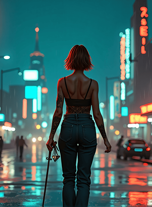 woman, neon, street, rain, city, signs, tattoo, stick, cars, people