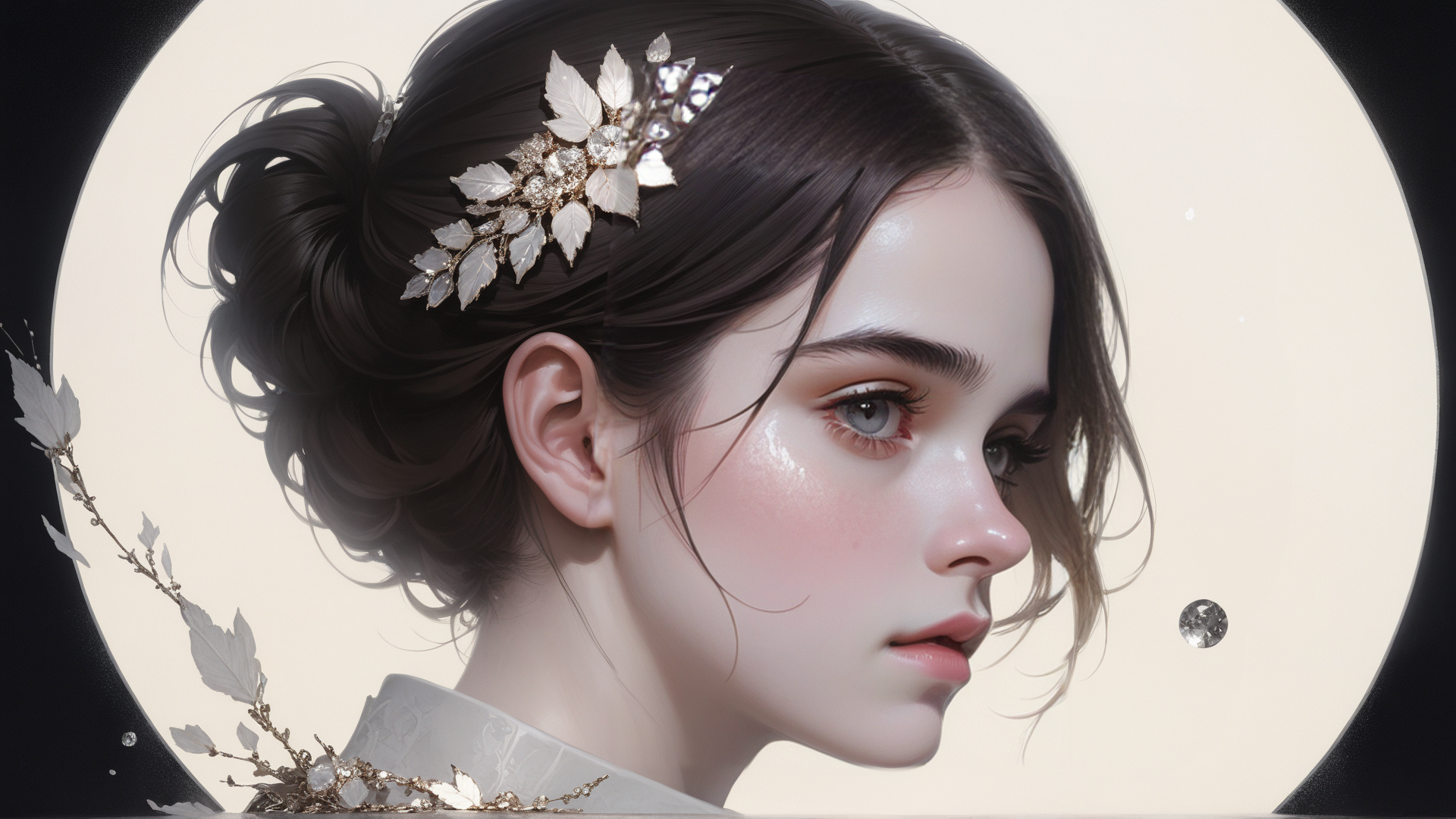 AI generated wallpaper featuring woman, hair accessory, leaf