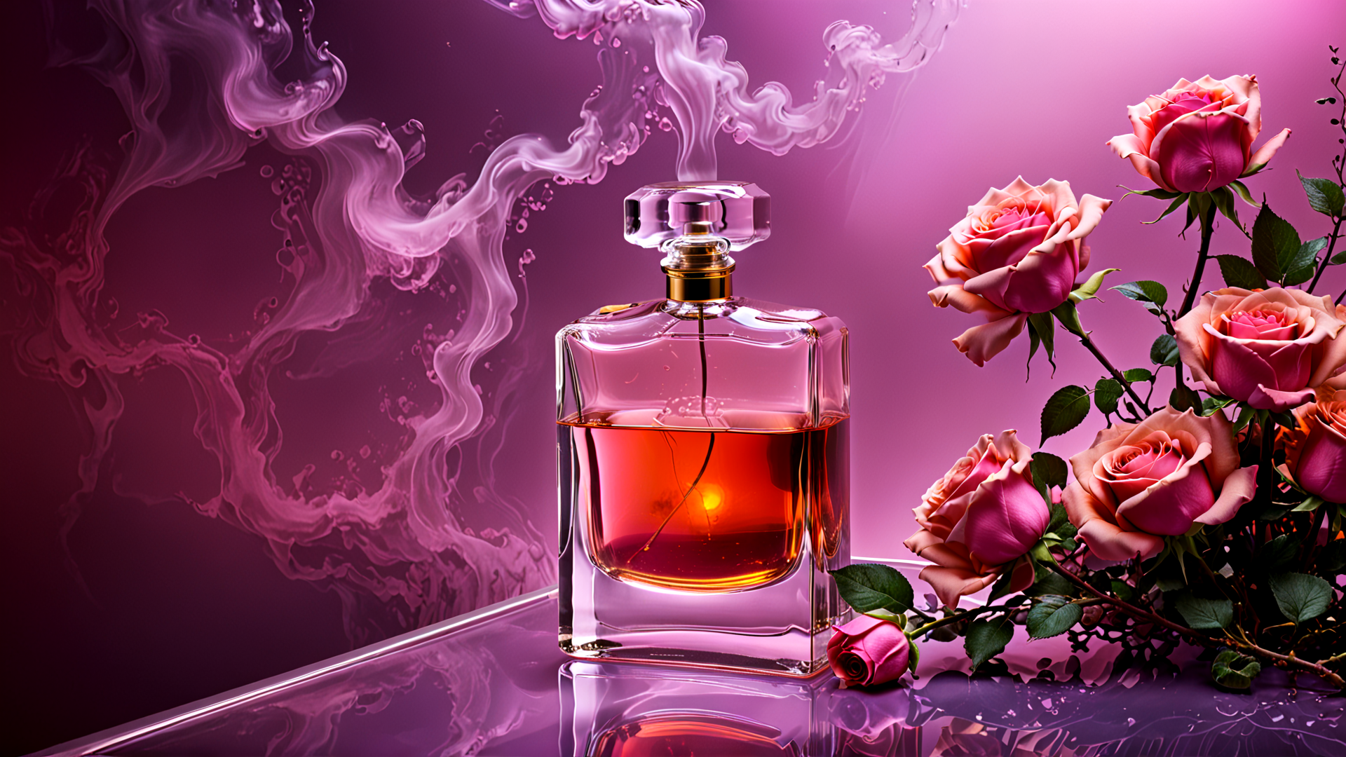 AI generated wallpaper featuring perfume, roses, smoke