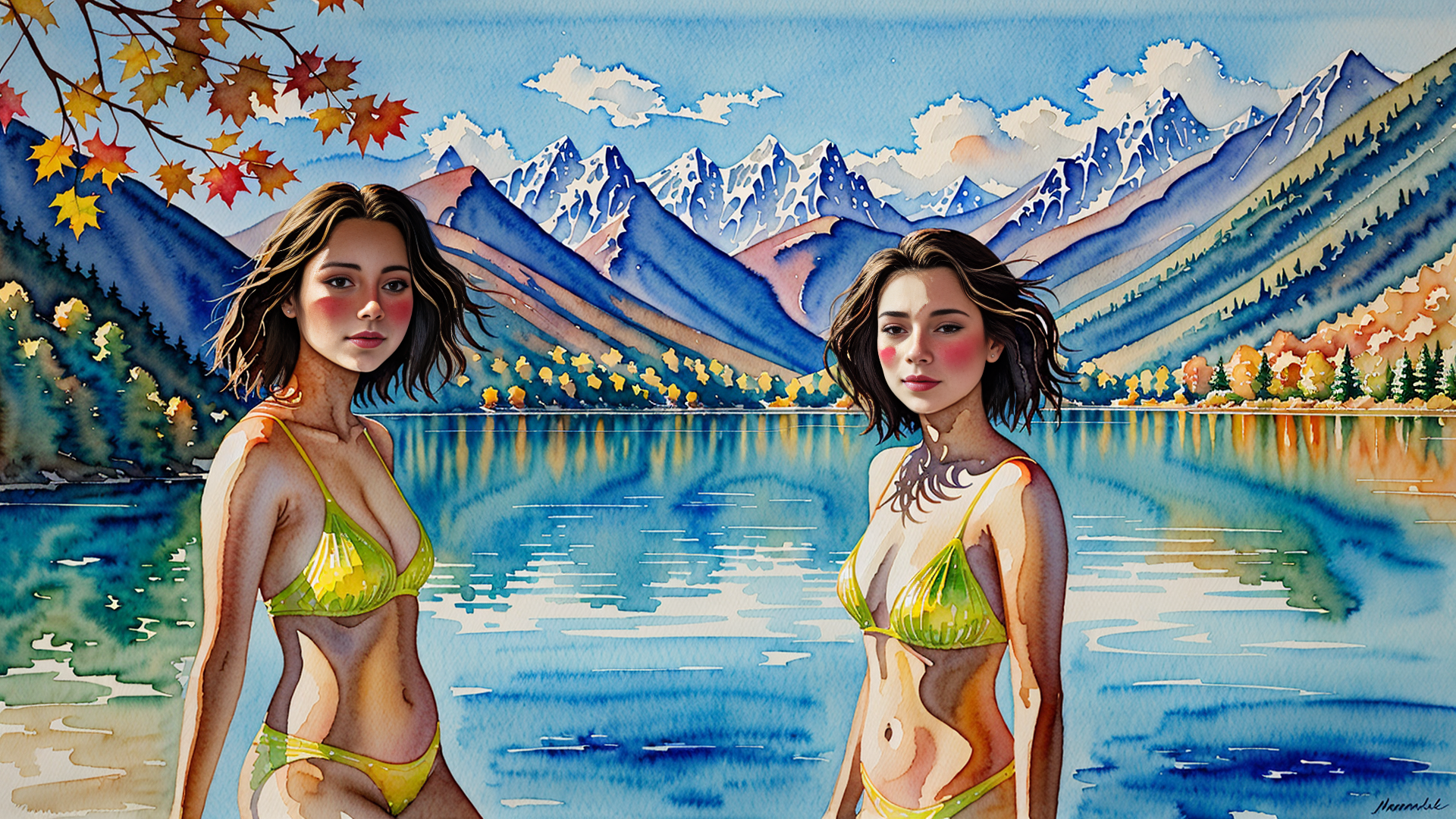 AI generated wallpaper featuring women, lake, mountains