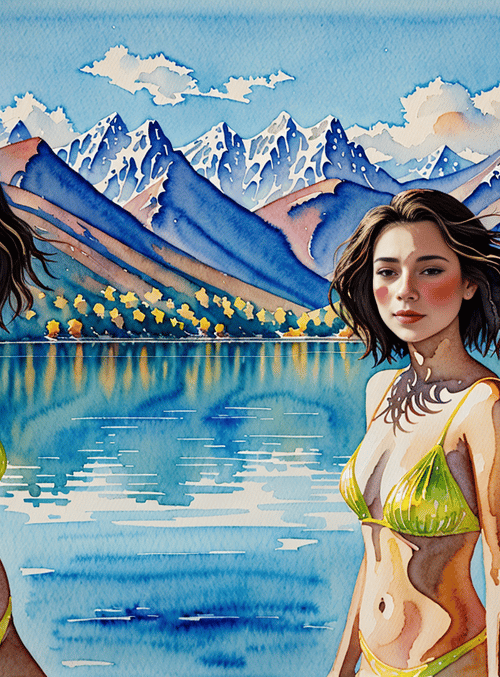 women, lake, mountains