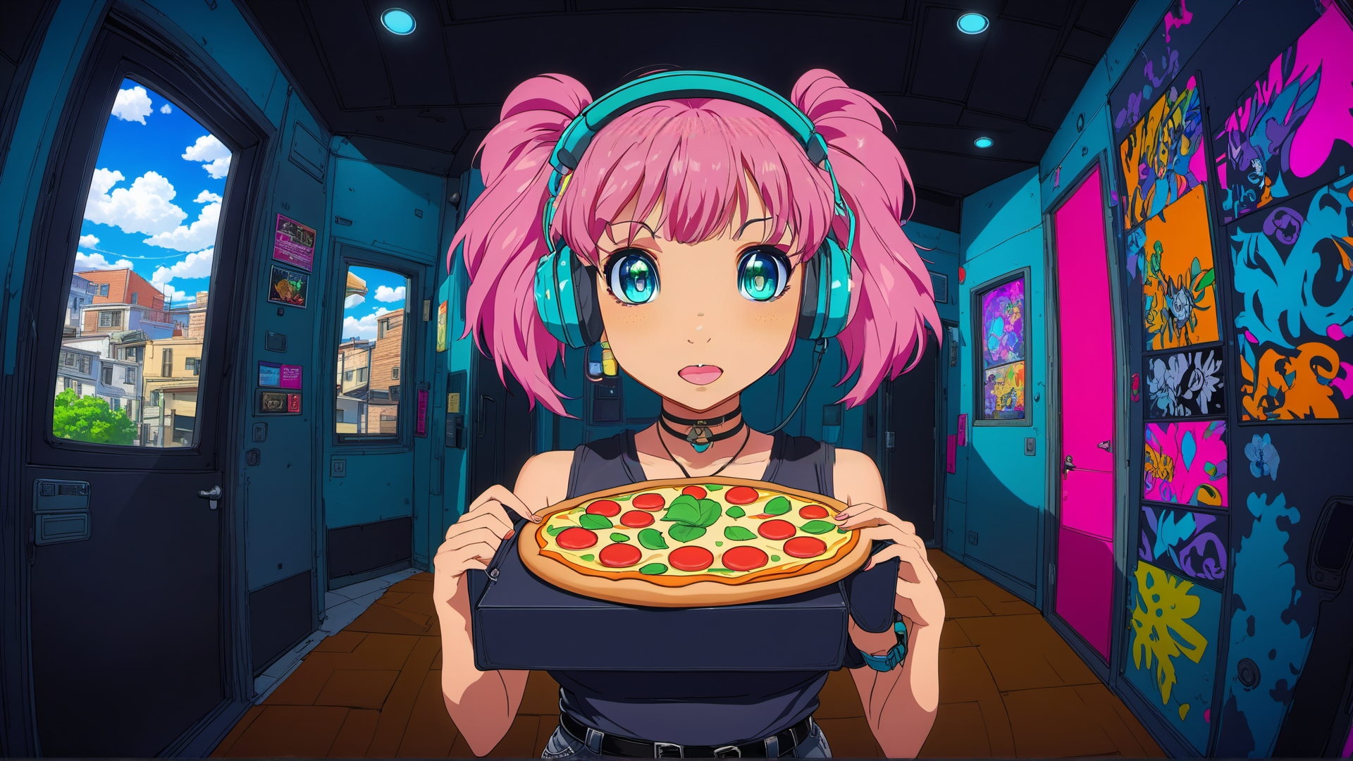 AI generated wallpaper featuring girl, pizza, headphones