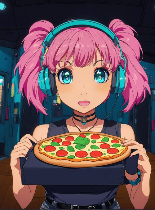 girl, pizza, headphones