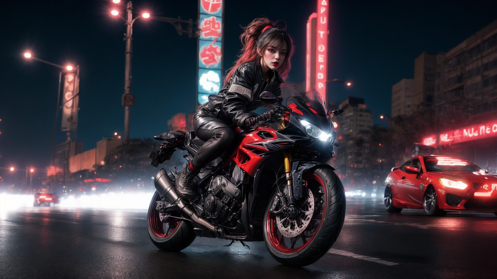 AI generated wallpaper featuring woman, motorcycle, car