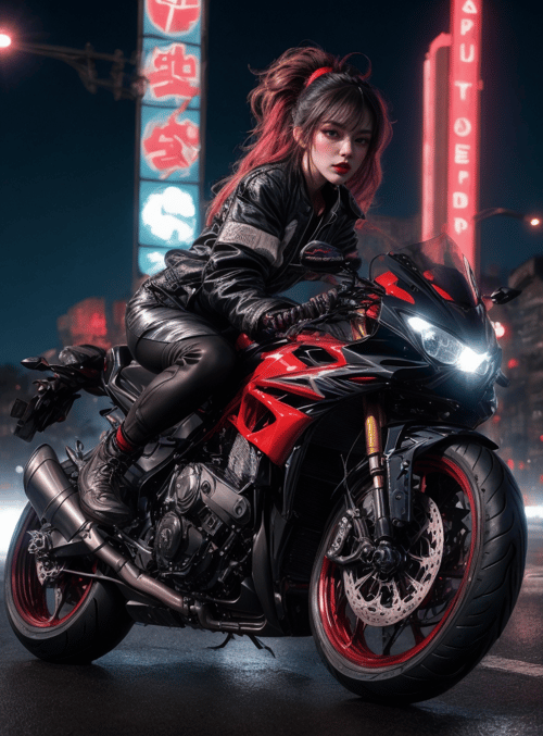 woman, motorcycle, car