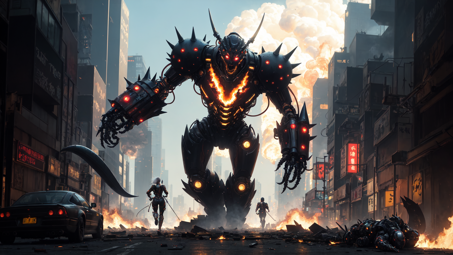 AI generated wallpaper featuring mecha, robot, city, soldiers, car, fire, buildings, debris, smoke, spikes