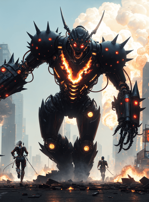 mecha, robot, city, soldiers, car, fire, buildings, debris, smoke, spikes