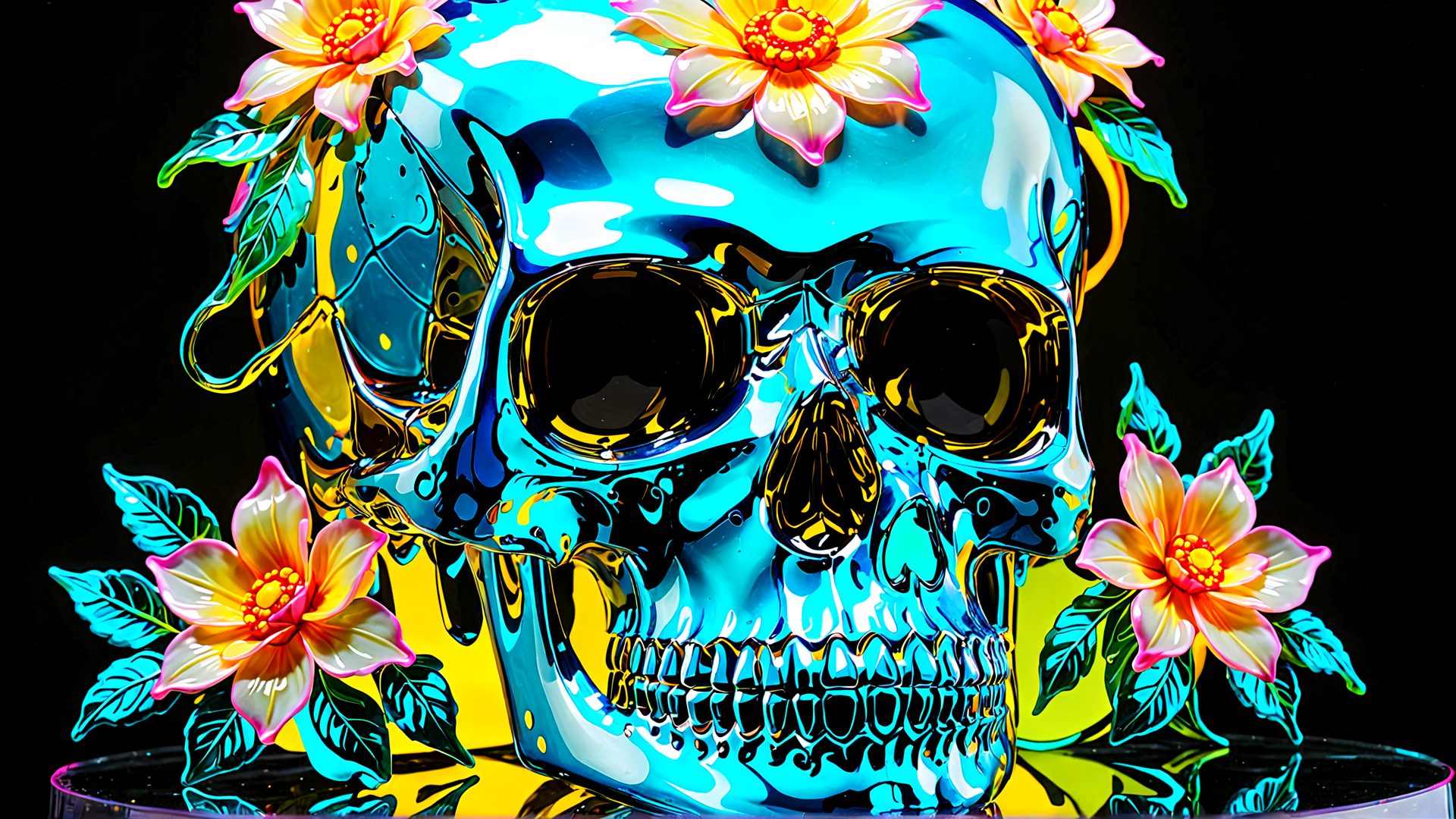 AI generated wallpaper featuring skull, flowers, leaves