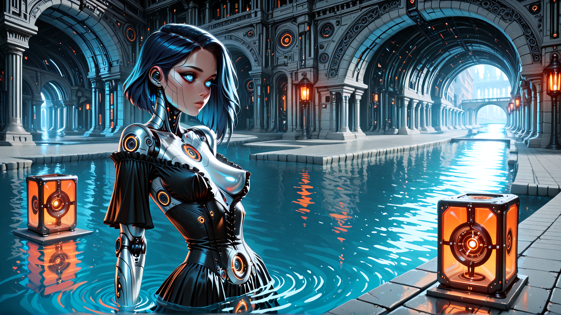 AI generated wallpaper featuring cyborg, robot, water, lantern, architecture