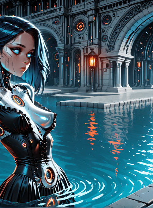 cyborg, robot, water, lantern, architecture