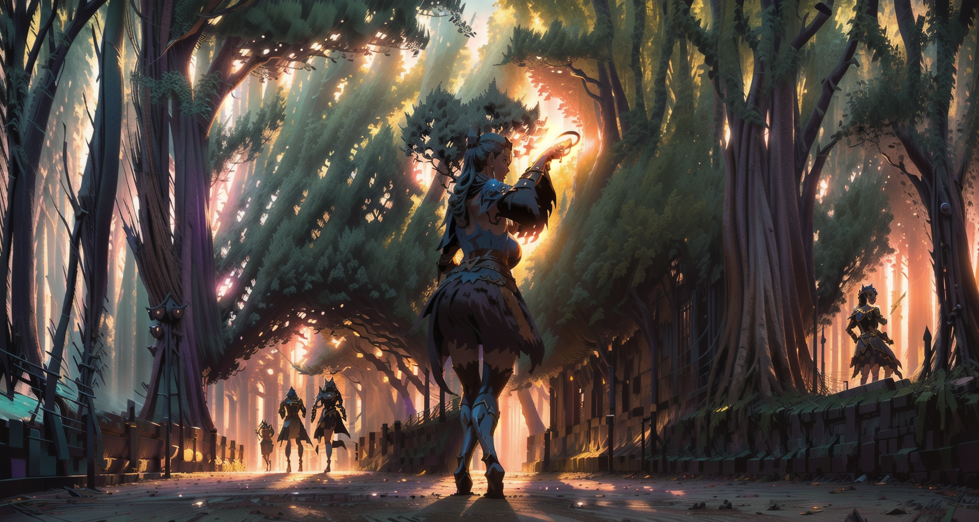 AI generated wallpaper featuring warrior, forest, archers
