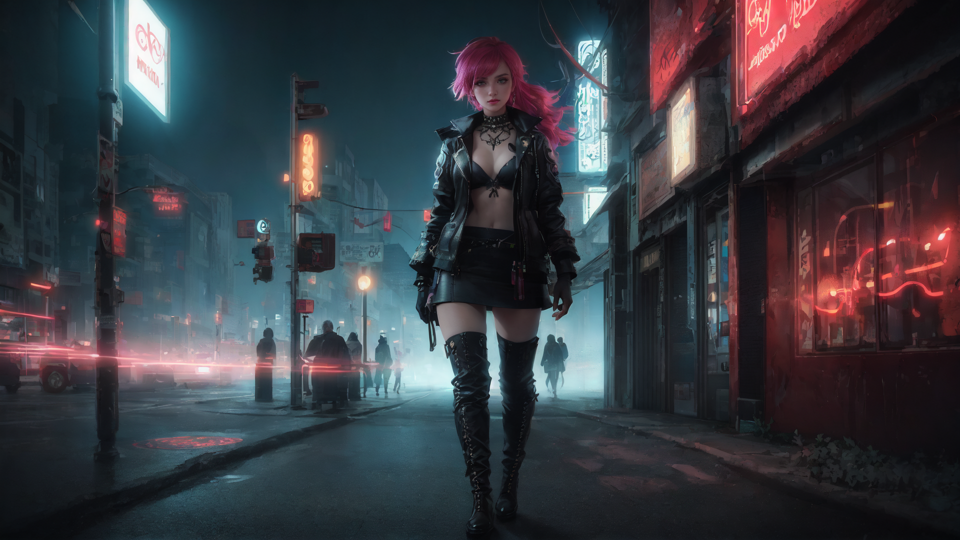 AI generated wallpaper featuring woman, street, neon