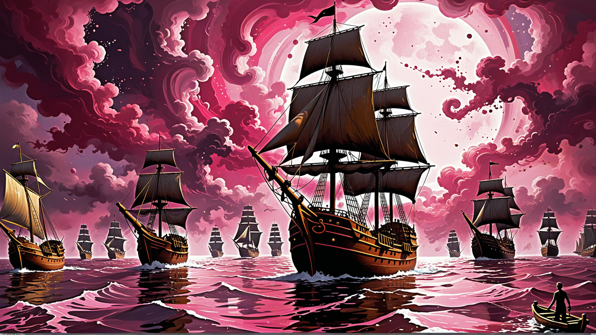 AI generated wallpaper featuring ships, sail, ocean, moon, cloud