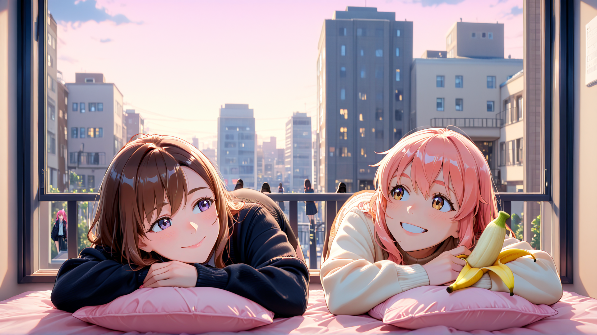 AI generated wallpaper featuring girls, banana, window
