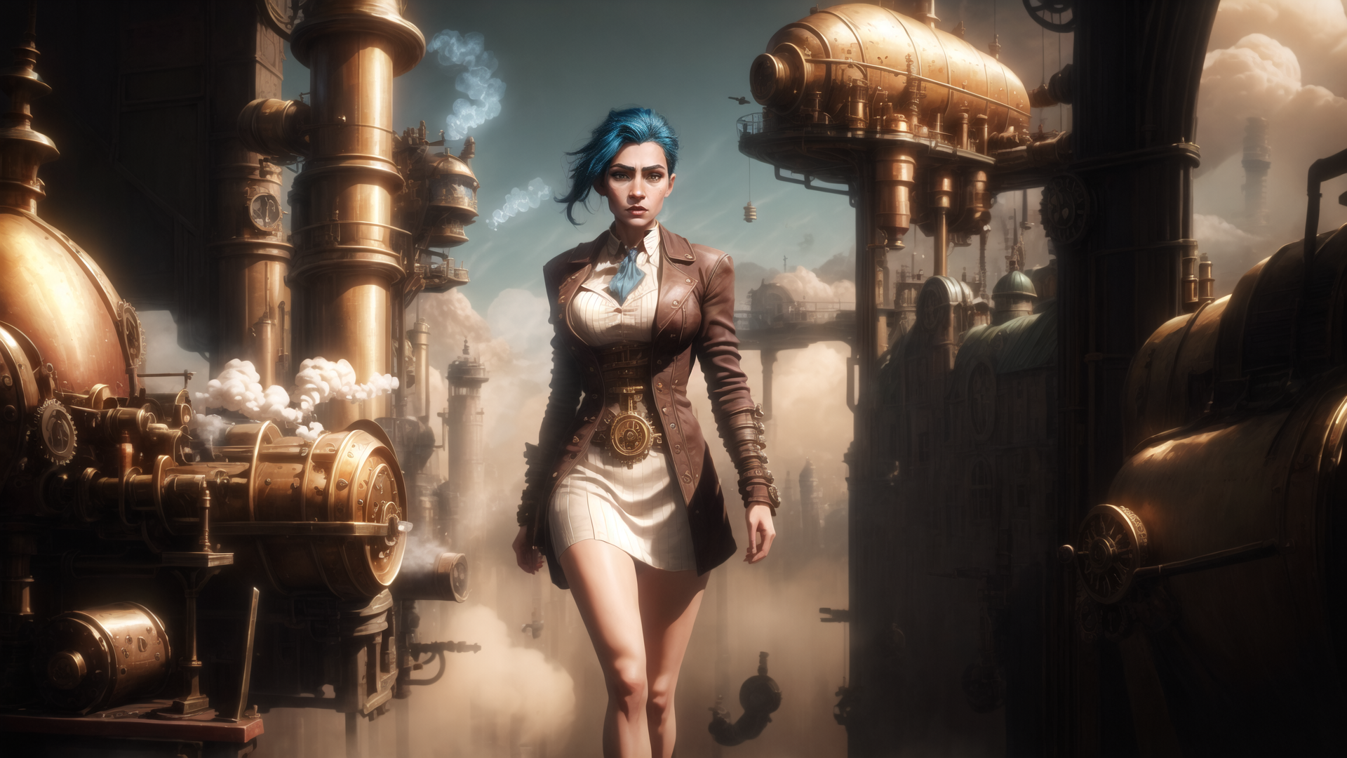 AI generated wallpaper featuring woman, steampunk, industrial