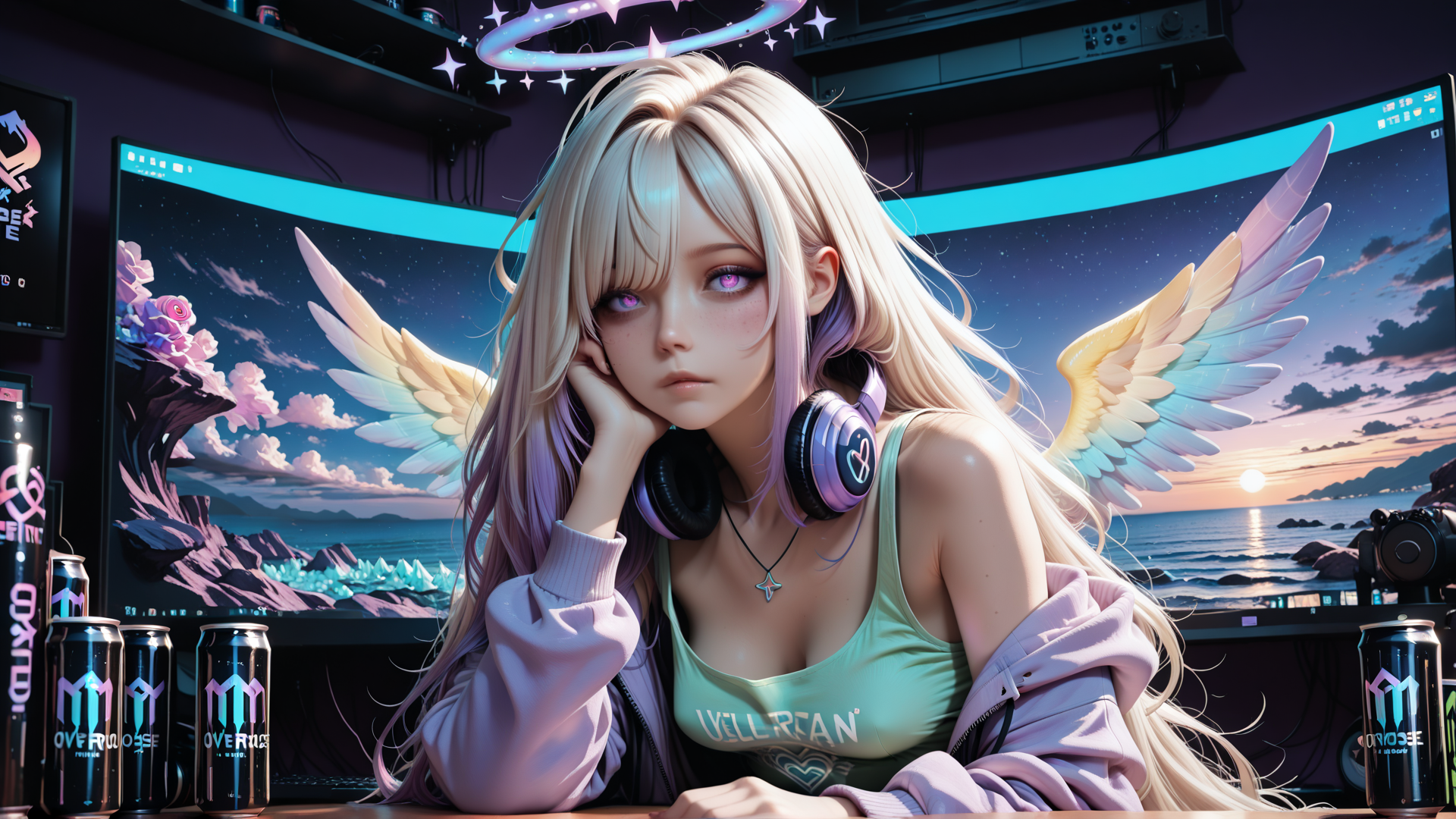 AI generated wallpaper featuring angel, girl, headphones, monitor, wings, can, hoodie, tanktop, neon, desk