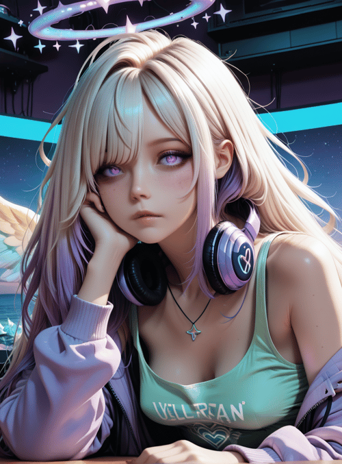 angel, girl, headphones, monitor, wings, can, hoodie, tanktop, neon, desk
