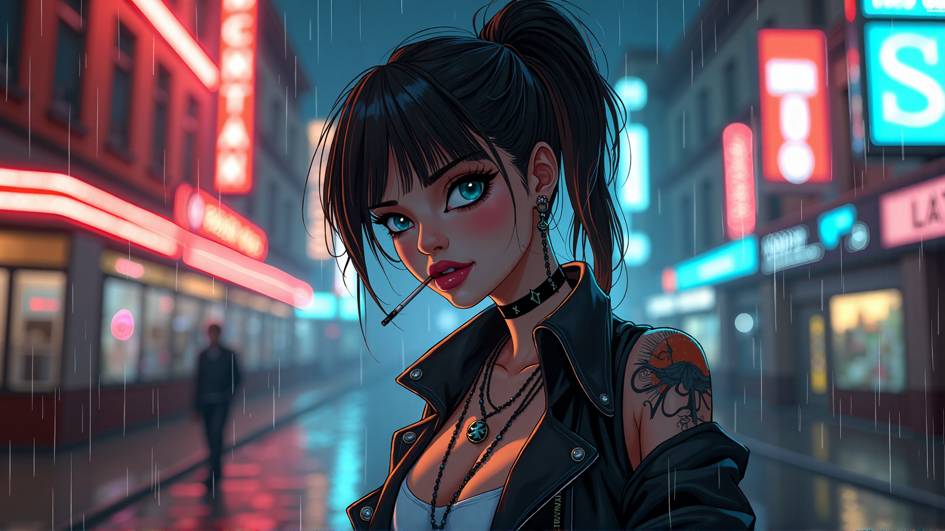 AI generated wallpaper featuring woman, tattoo, choker, rain, city, neon, cigarette, earring, jacket, hairs