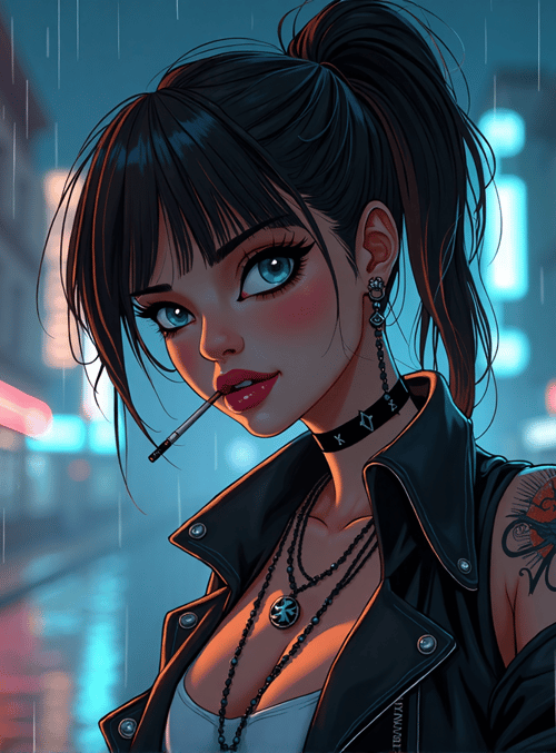 woman, tattoo, choker, rain, city, neon, cigarette, earring, jacket, hairs