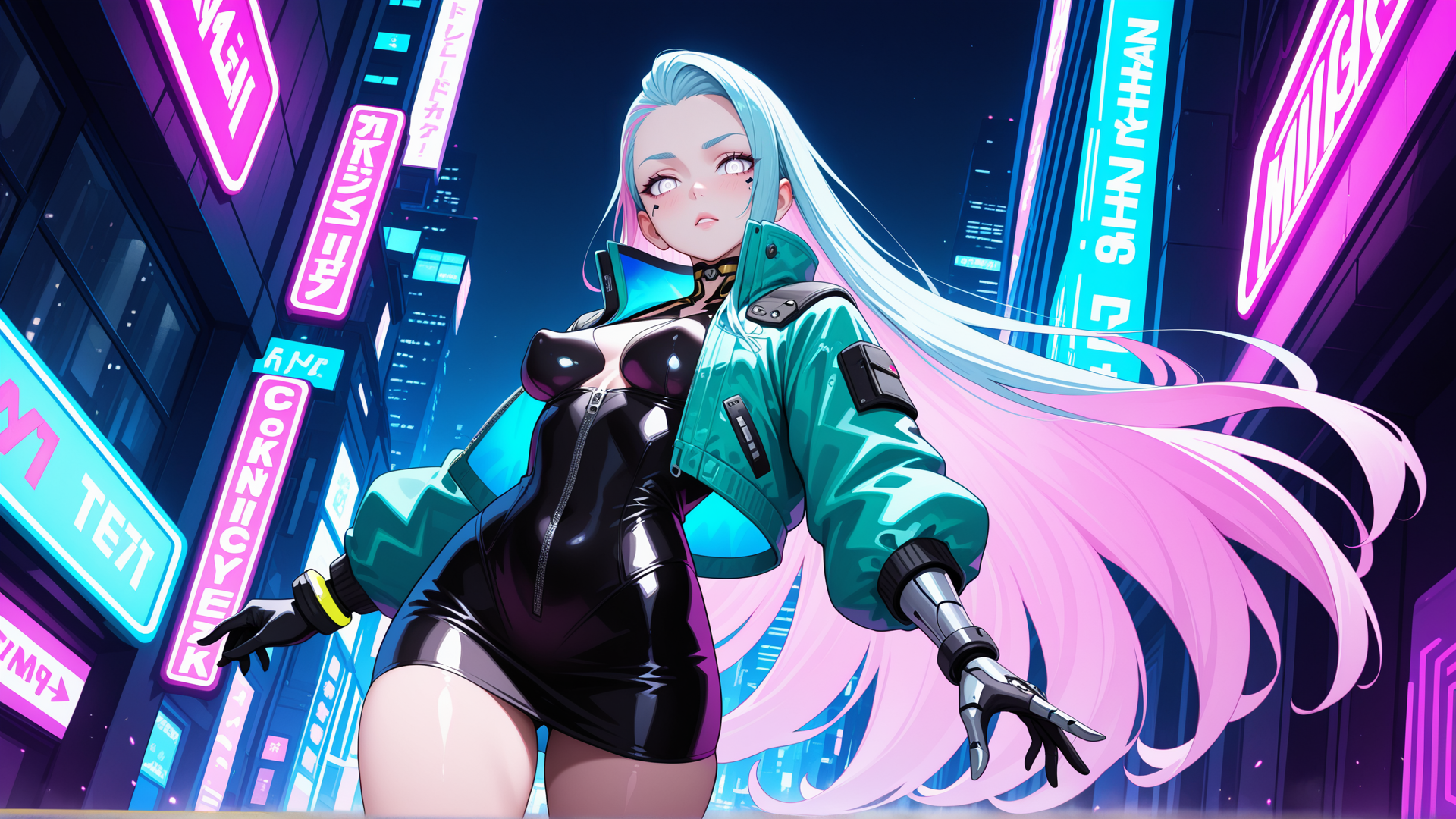 AI generated wallpaper featuring cyberpunk, anime girl, neon city, robotic arm, jacket, skirt