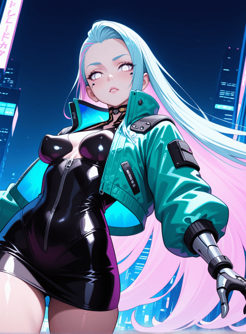 cyberpunk, anime girl, neon city, robotic arm, jacket, skirt