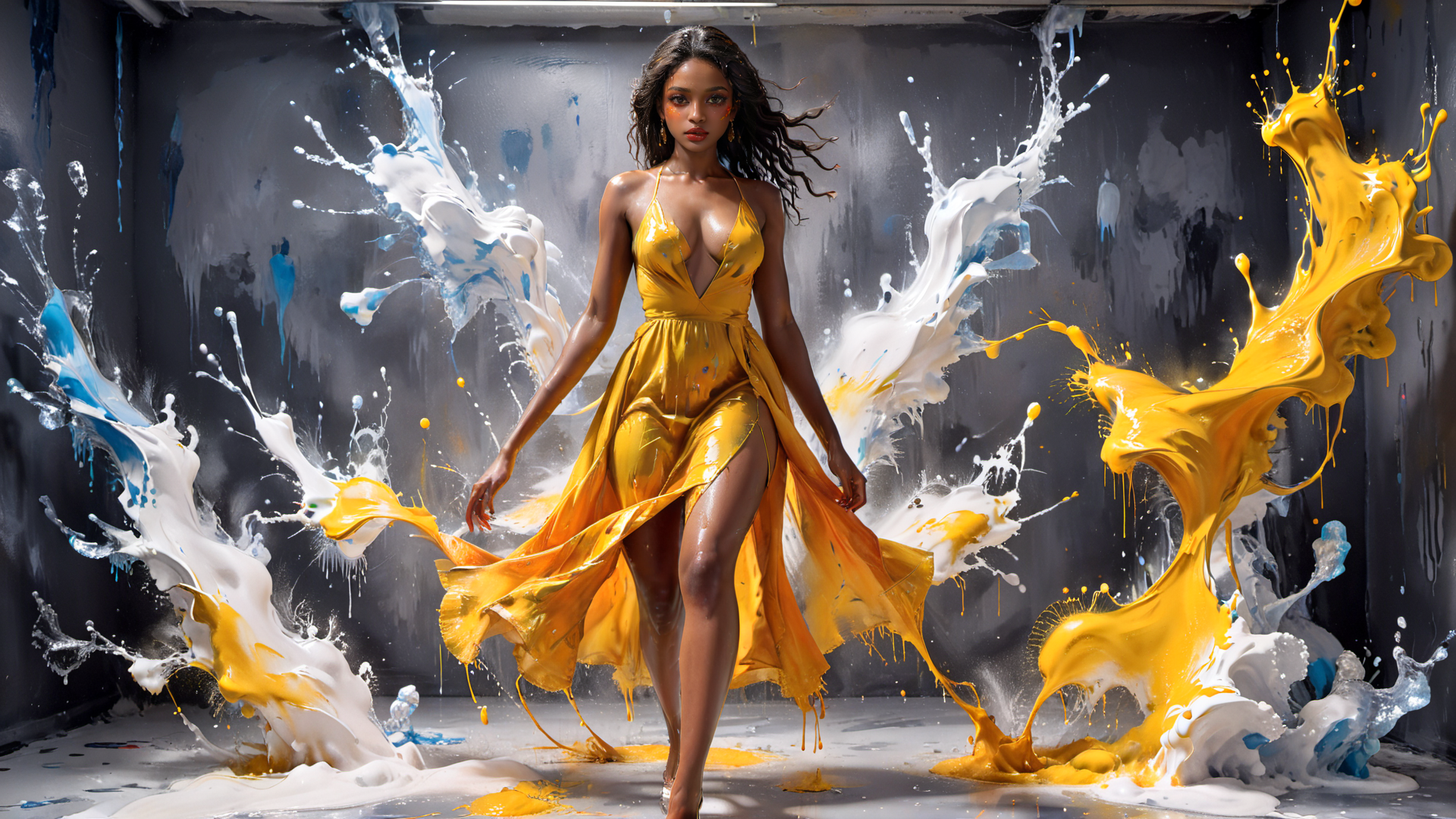 AI generated wallpaper featuring woman, paint, dress