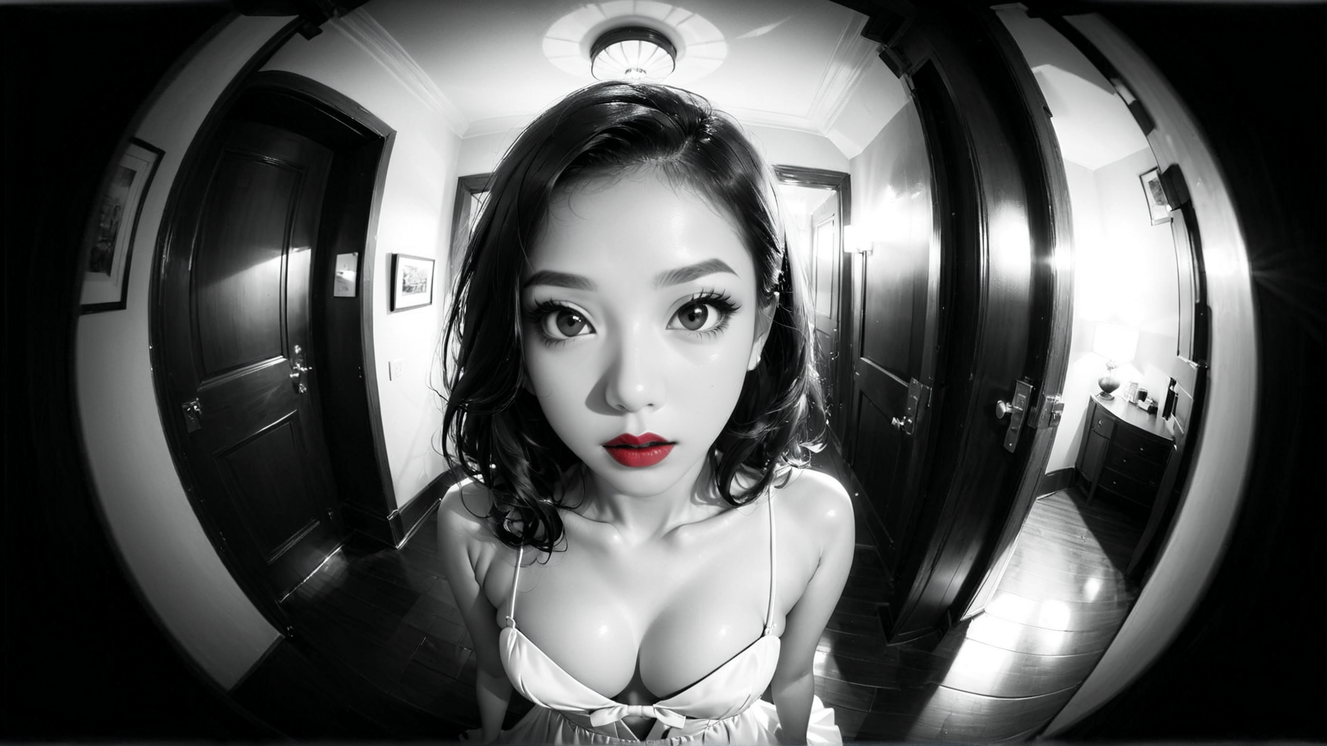 AI generated wallpaper featuring woman, corridor, door, dress, mirror, painting, light, ceiling, room, floor