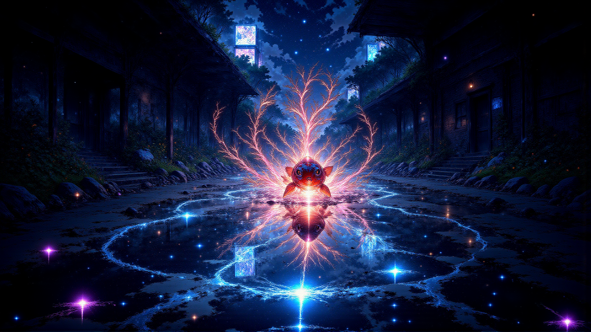 AI generated wallpaper featuring fish, tree, road, house, star, light, reflection, sparkle, building, water