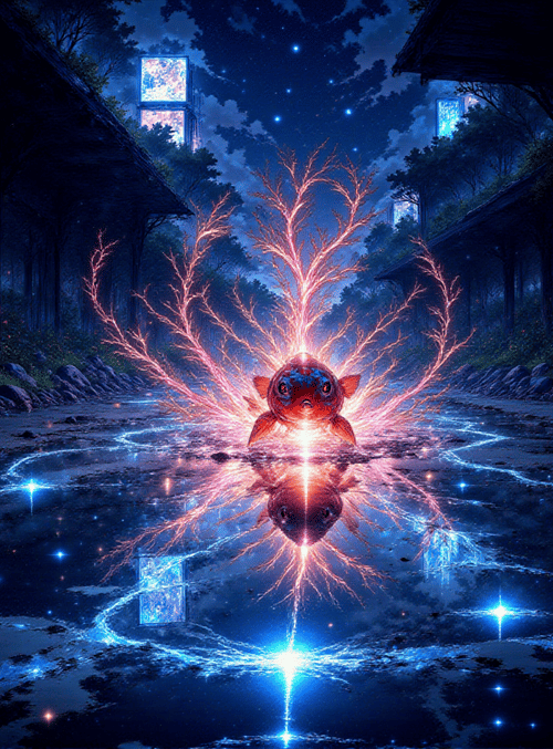 fish, tree, road, house, star, light, reflection, sparkle, building, water