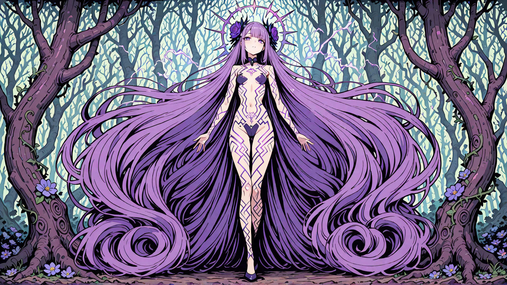 AI generated wallpaper featuring anime girl, long purple hair, forest, trees, magic circle